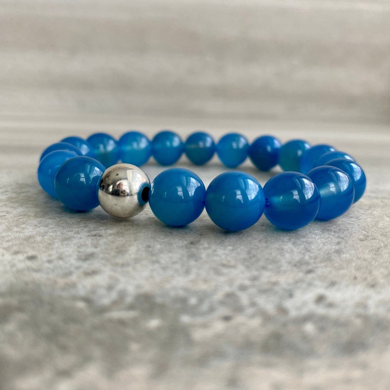 Blue Agate Bracelet Large Bead Stretch Bracelet Healing Crystals for Peace Mala Bead Bracelet for Men, Women Agate Stone Bracelet image 1