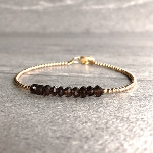Smoky Quartz Bead Bracelet Brown Crystal Jewelry Faceted Gemstone Bracelet Tiny Silver or Gold Ball Beads image 9