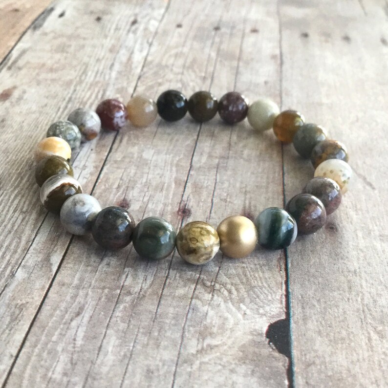 Ocean Jasper Bracelet Custom Length Women/'s or Men/'s Gold Bracelet Natural Gemstone Jasper Jewelry Crystal Stretch Bracelet