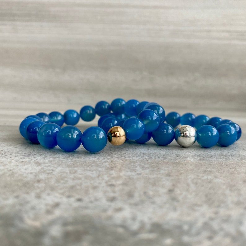 Blue Agate Bracelet Large Bead Stretch Bracelet Healing Crystals for Peace Mala Bead Bracelet for Men, Women Agate Stone Bracelet image 7