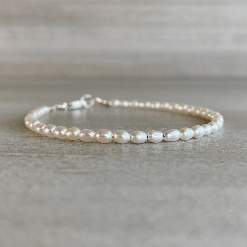 Tiny Pearl Bracelet White Freshwater Pearl Jewelry 5 6 7 8 9 Inch Size Gold or Sterling Silver Clasp Delicate Dainty Jewelry image 5