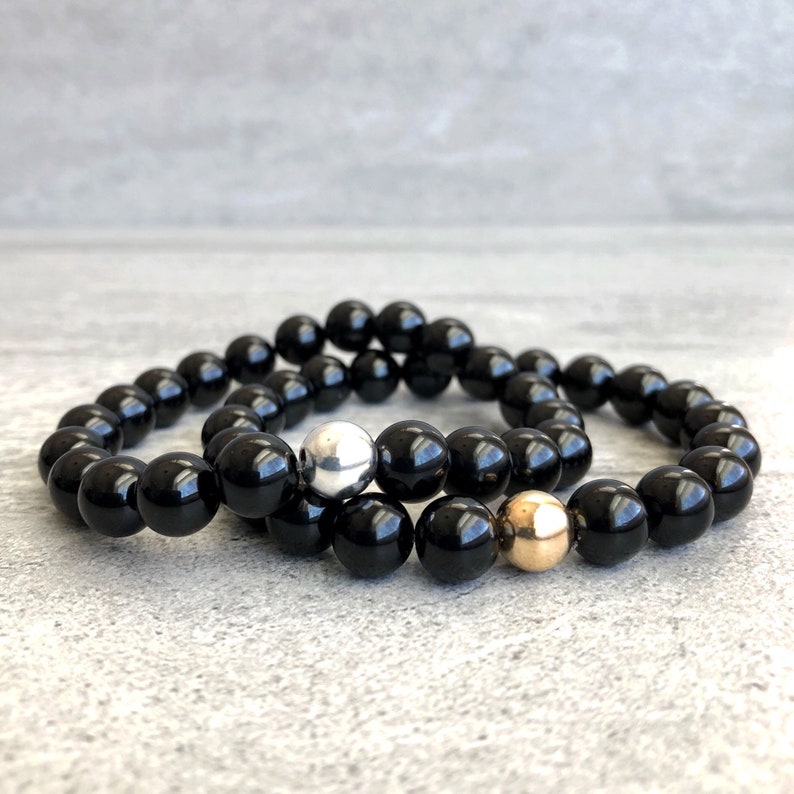 Gold or Silver Stretch Bracelet for Men Women Genuine Tourmaline Jewelry Bead Stack Bracelet Black Tourmaline Bracelet