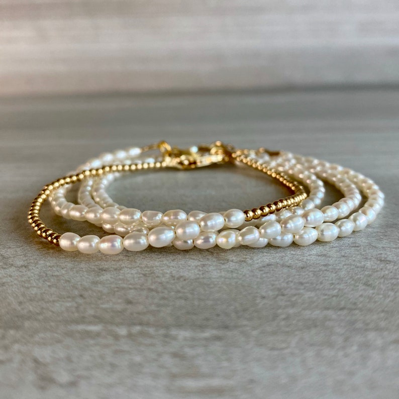 Tiny Pearl Bracelet White Freshwater Pearl Jewelry 5 6 7 8 9 Inch Size Gold or Sterling Silver Clasp Delicate Dainty Jewelry image 6