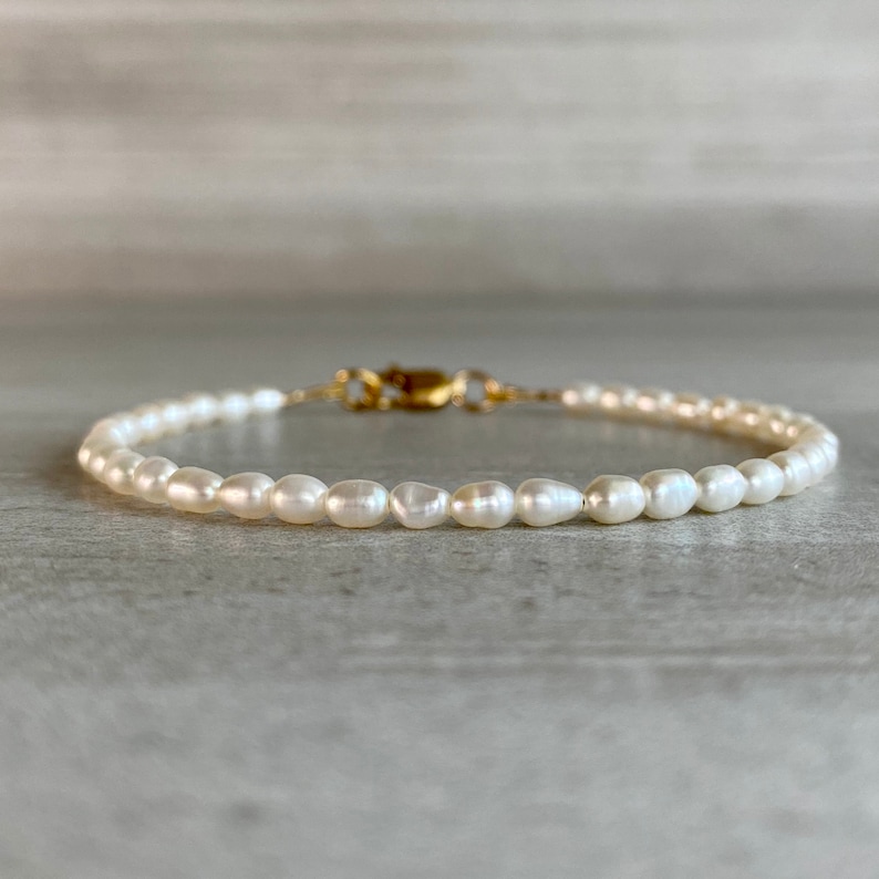 Tiny Pearl Bracelet White Freshwater Pearl Jewelry 5 6 7 8 9 Inch Size Gold or Sterling Silver Clasp Delicate Dainty Jewelry image 2