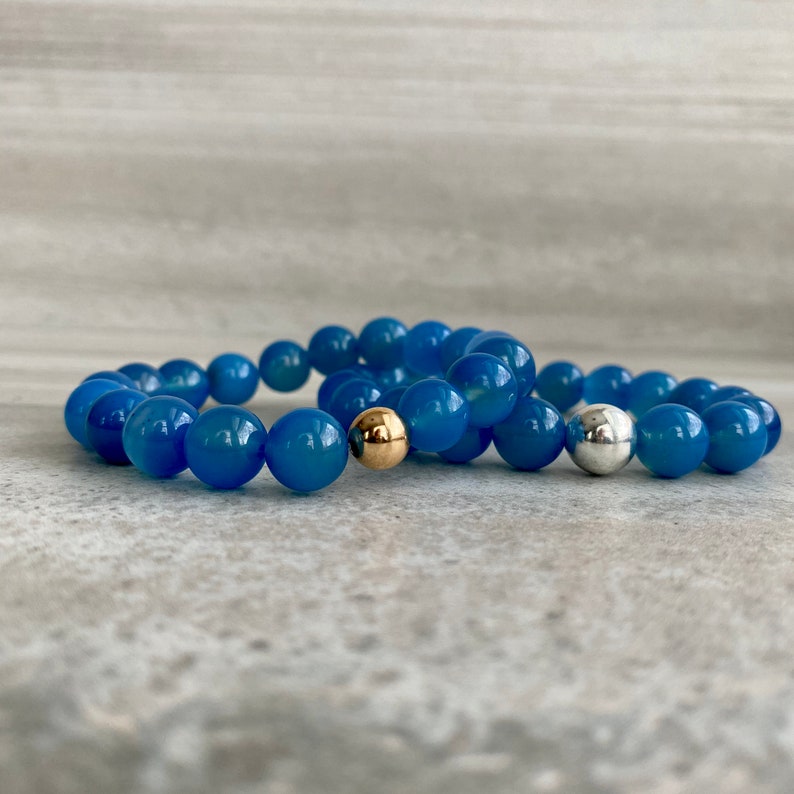 Blue Agate Bracelet Large Bead Stretch Bracelet Healing Crystals for Peace Mala Bead Bracelet for Men, Women Agate Stone Bracelet image 3