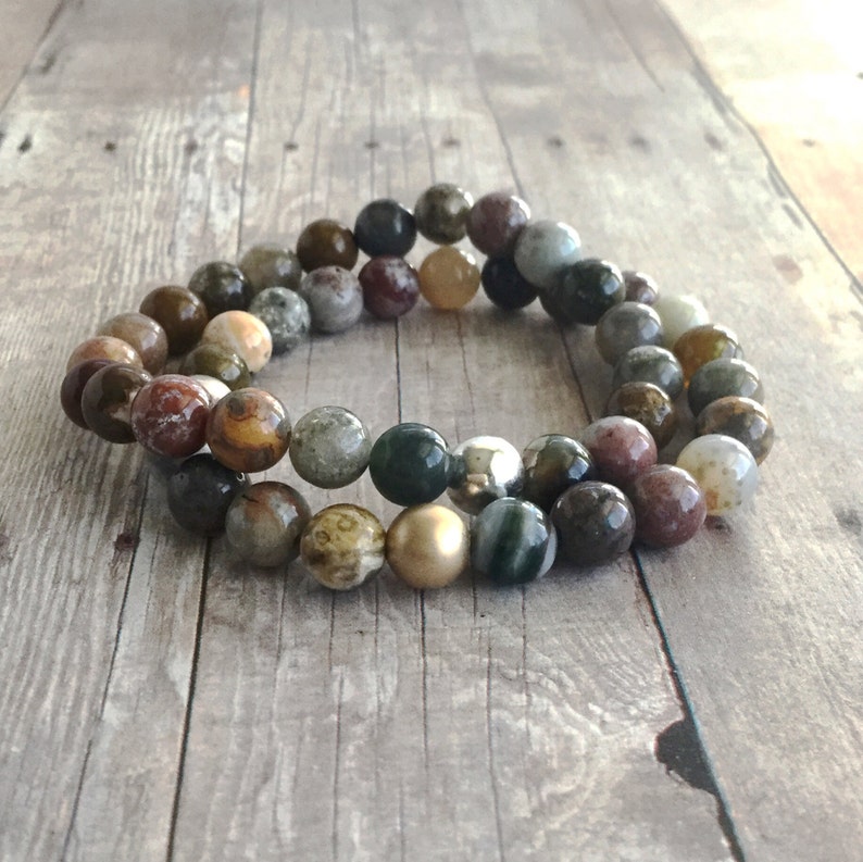 Ocean Jasper Bracelet Custom Length Women/'s or Men/'s Gold Bracelet Natural Gemstone Jasper Jewelry Crystal Stretch Bracelet
