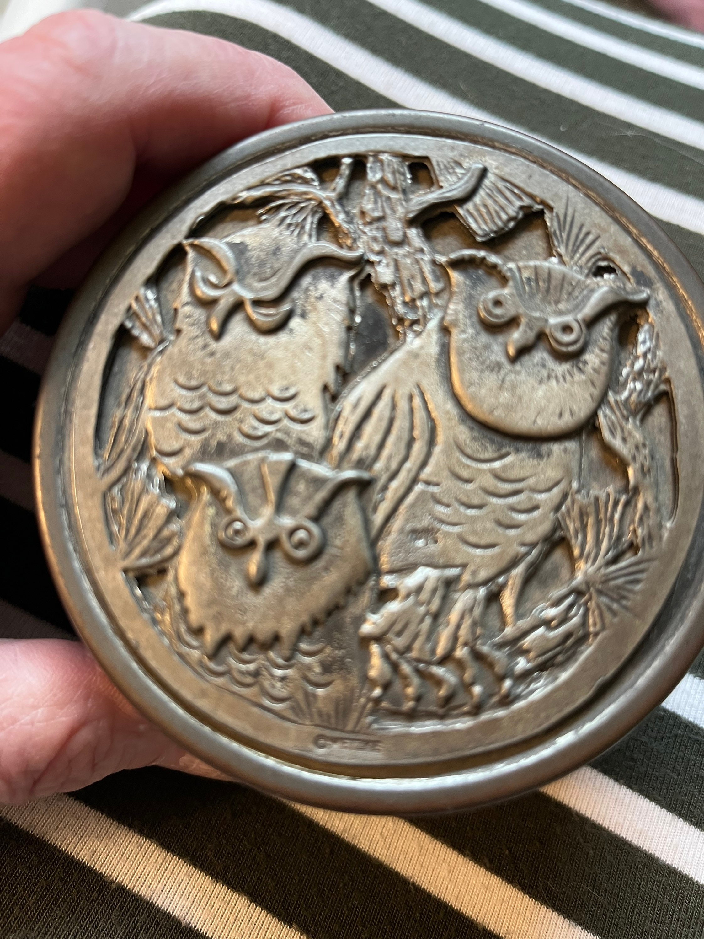 Metzke Pewter Owl Engraved Trinket Box