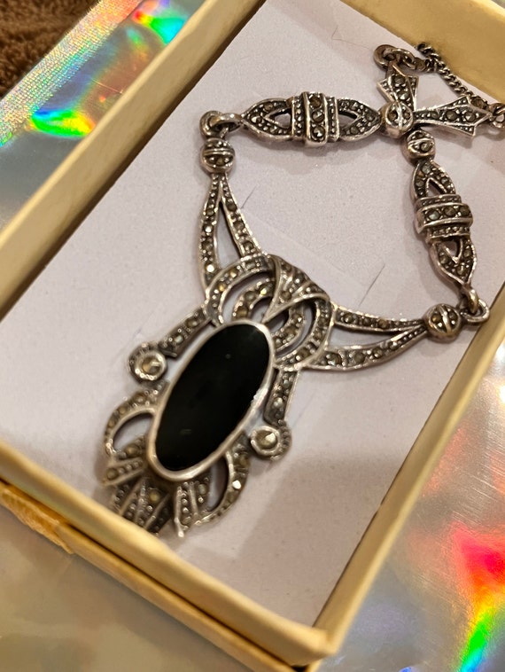 Art Deco Onyx and Marcasite Necklace Sterling, c.… - image 2