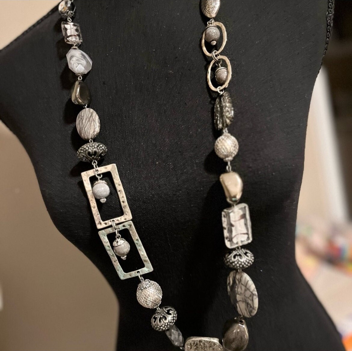 CHICO’S Runway Silver Tone, Black, Various  Stones Long Chain Necklace B… Chicos Womens Silver Tone Chain Necklace Black & Clear Faux  main image 2