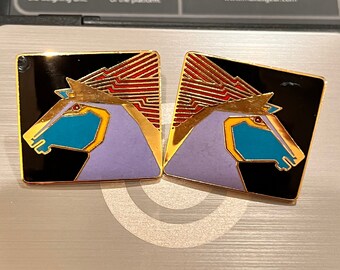 Laurel Burch Stallion Square Cloisonné Vintage Earrings