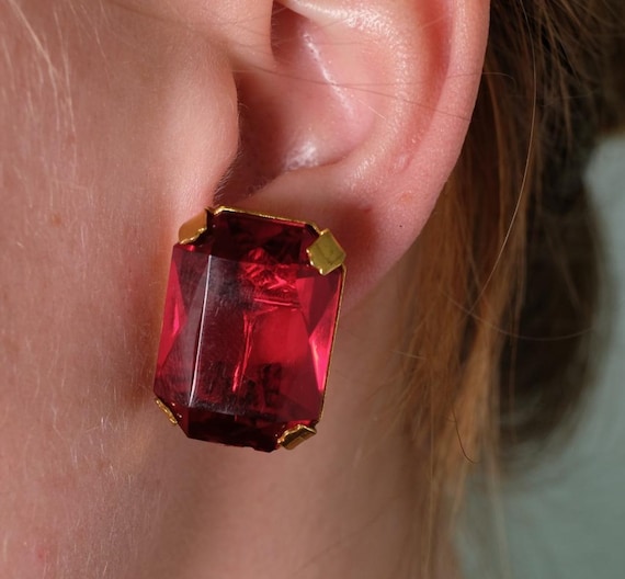 Miriam Haskell Rectangular Red and Gold Screwback… - image 1