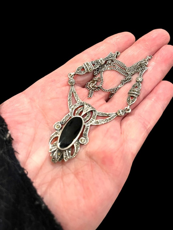 Art Deco Onyx and Marcasite Necklace Sterling, c.… - image 1