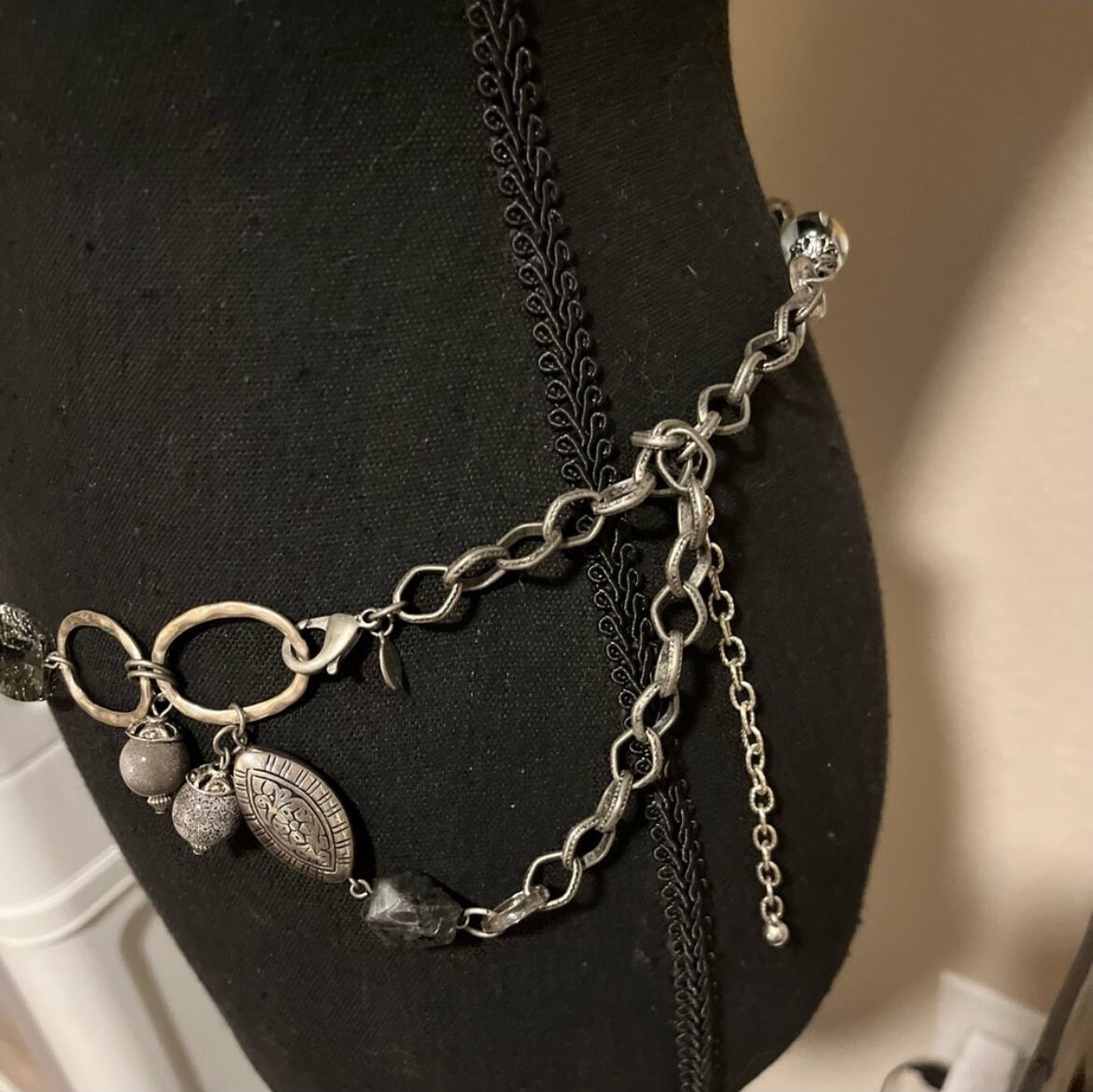 CHICO’S Runway Silver Tone, Black, Various  Stones Long Chain Necklace B… Chicos Womens Silver Tone Chain Necklace Black & Clear Faux  main image 4
