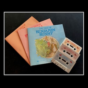 May include: A set of three audio cassette tapes with the title "The Tale of Benjamin Bunny" and illustrations of rabbits. The tapes are packaged with three books, each with a different title: "The Tale of Peter Rabbit", "The Tale of Mrs. Tiggy-Winkle", and "The Tale of Benjamin Bunny".