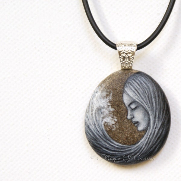 Original art pendant: the lady of waves. Fantasy painting hand painted on stone. Great gift for sea lovers or zodiac water element sign!
