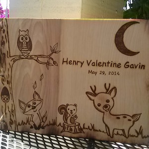 Personalized baby shower gift woodburned  blank baby journal forest animals with owls,