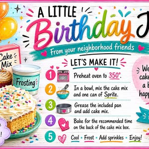 May include: A colorful birthday-themed illustration with a cake, balloons, and baking instructions. The text reads "A Little Birthday Joy!" and includes steps for making a cake with Sprite. A cake mix box, frosting, and a can of Sprite are also visible.