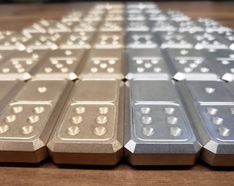 Double Six Tournament Dominoes, CNC machined metal, Stainless steel, Bronze with optional Machined storage case