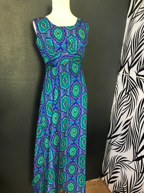 Vtg 60s Sun Fashions Casual Aire Green Psychedelic Floral Hawaiian Maxi Dress M