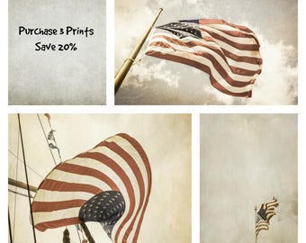 Patriotic Decor, American Flag Prints, 3 art prints set, kitchen wall art, rustic wall art, vintage style wall art, flag photographs