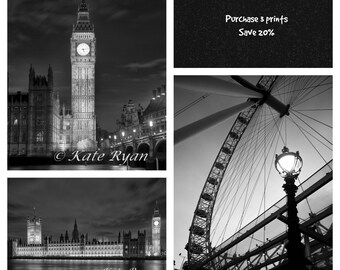 London Print Set, Black and White, Urban Industrial Wall Art, Modern Gallery Wall Art, Fine Art Photo, Parliament, Big Ben, London Eye