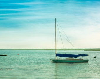 Blue Nautical Print, Sailboat, Photograph, Wall Art, Beach House, Cottage Decor, Wall Art, Green, Turquoise, Aqua, Teal, Seascape Print