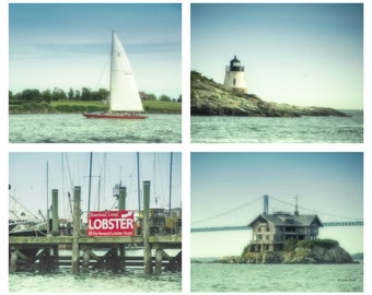 Set of 4 Prints, Newport, Rhode Island, Fine Art Photographs, Nautical Wall Art, Sailboat, Lobster Traps, Lighthouse, Beach House Prints