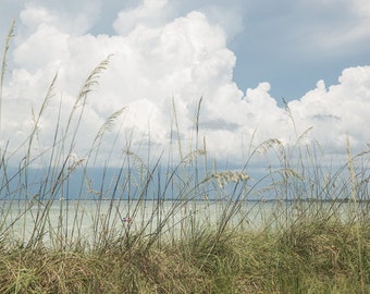 Beach Photography, Seascape Art, Beach Print, Florida Beaches, Seaside Print, Puffy Clouds, Cottage Decor, Beach House Decor, Blue Tones