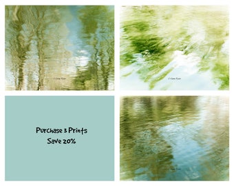 Set of 3 Prints, Water Reflection Art, Abstract Art, Minimalist Design, Gallery Wall Art, Green Nature Art, Fine Art Photo, Landscape Art