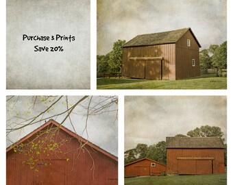 Rustic Red Barn Prints, farmhouse decor, set of 3 art prints, kitchen wall art, rustic wall art, vintage style wall art, barn photographs