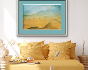 Abstract landscape, Impressionism art, modern decor, minimalist wall art, Wall Art, Blue Yellow Green, Mountain Scenes
