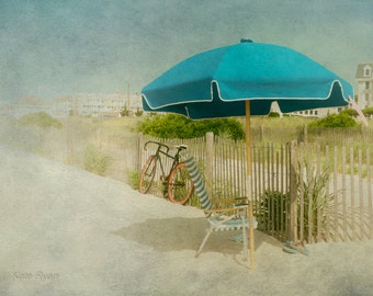 Coastal Wall Art, Teal Beach Photo Print, Beach Umbrella Art, Vintage Inspired, Cape May Photo, Blue Green Teal, Casual Beach House Decor