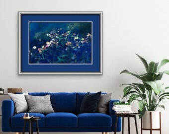 Colorful Botanical Wall Art, Nature Art Print, Autumn Landscape Photo, Fall Leaves Water Reflection, Royal Blue, Gold, Modern Home Decor