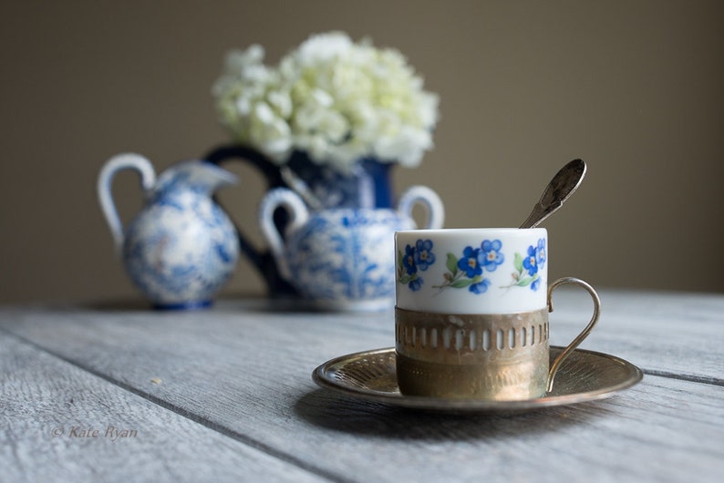 Coffee Cup Photography, Still Life Art, Espresso Demitasse Cup, Vintage Blue Tones, Dreamy Photo, Home Decor, Kitchen Art, Restaurant Art image 1