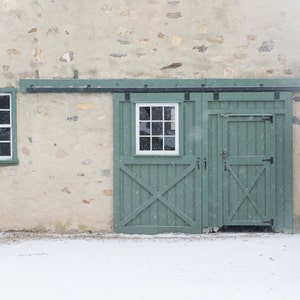 Barn Door Photo, Green, Winter Snow Landscape, Valley Forge Park, Historic Park, Pennsylvania, Philadelphia, Wall Art, Home, Office, Library image 3