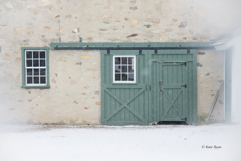 Barn Door Photo, Green, Winter Snow Landscape, Valley Forge Park, Historic Park, Pennsylvania, Philadelphia, Wall Art, Home, Office, Library image 3