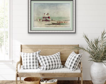 Vintage Inspired, New Jersey Beach Photo, Lifeguard Stand, Lifeguard Boat, Cape May Art, Coastal Art, Blue Sea Green Red, Beach House Decor