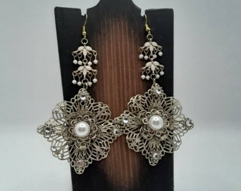 Fancy Faux Pearl and Gold Plated Filigree Bridal Earrings
