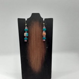 Blue Roundelette Beaded Earrings, Nickel Free Earrings, Blue Pink and Sandy Brown Beaded Earrings, Unique Earrings, Beaded Jewelry
