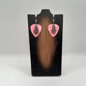 Hamsa Hand and Pink Guitar Pick Earrings, Pink Guitar Pick, Hamsa Hand Earring, Guitar Pick Jewelry, Nickel Free Jewelry, Silver Plated