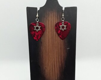 Red Marbled Guitar Pick and Star of David Earrings, Guitar Picks, Star of David Jewelry, Guitar Pick Earrings, Nickel Free Earrings