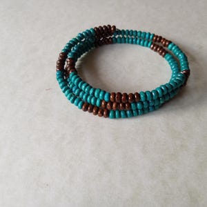 Teal and Brown Wooden Seed Bead Memory Wire Bracelet, Unique Wooden Bead Bracelet, Brown and Teal Bracelet