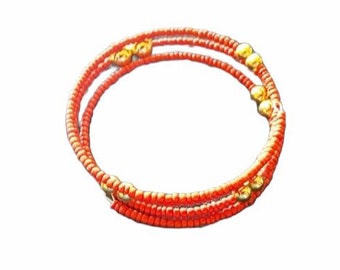 Red and Gold Memory Wire Bracelet, Ready to Ship, Christmas Bracelet, Cuff Style Bracelet, Delicate Red and Gold Bracelet