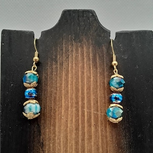 Fancy Blue Beaded and Gold Plated Earrings