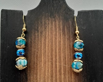 Blue Beaded and Gold Plated Earrings, Nickel Free Earrings, Fashion Accessories, Ready to Ship, Beaded Earrings, Blue Jewelry