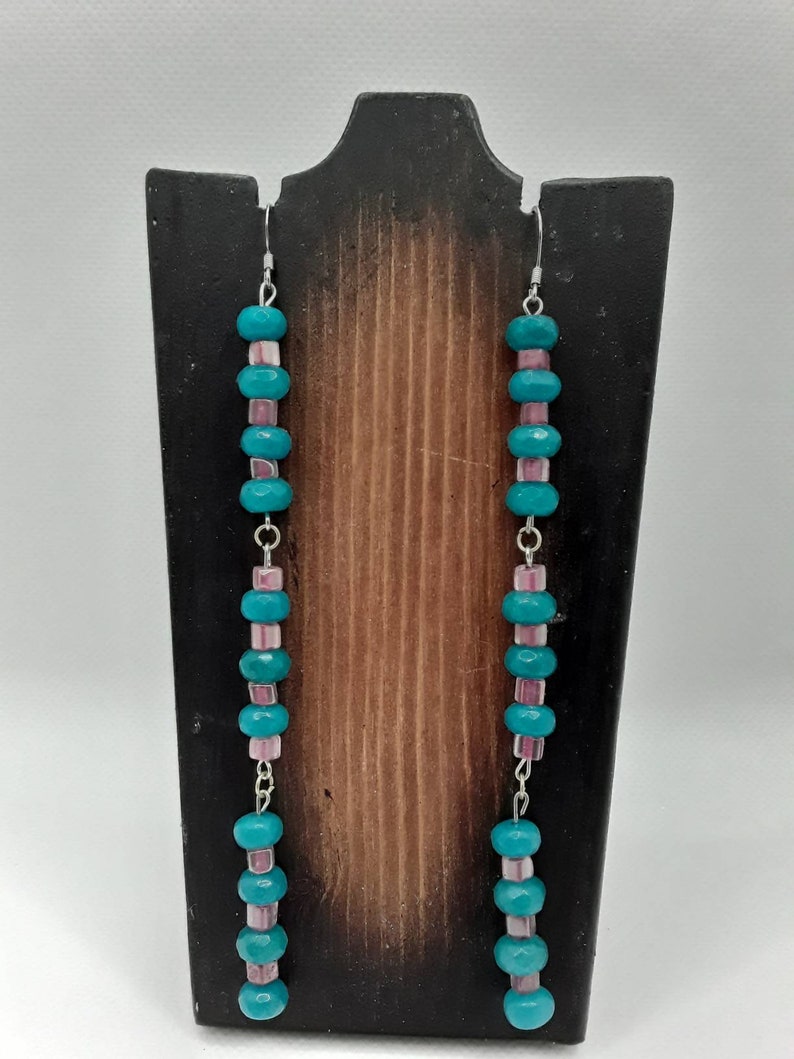 Blue and Pink Beaded Dangling Earrings Nickel Free Earrings Dangling Earrings Long Earrings Textured Earrings