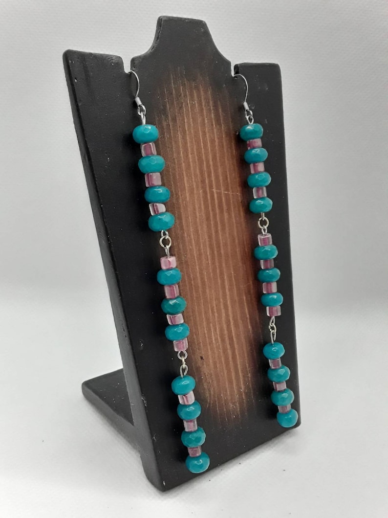 Blue and Pink Beaded Dangling Earrings Nickel Free Earrings Dangling Earrings Long Earrings Textured Earrings