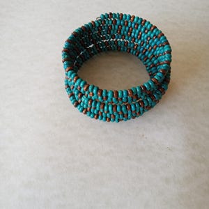 Chocolate Brown and Teal Wooden Seed Bead Memory Wire Bracelet, Unique Wooden Bead Bracelet, Brown and Teal Bracelet