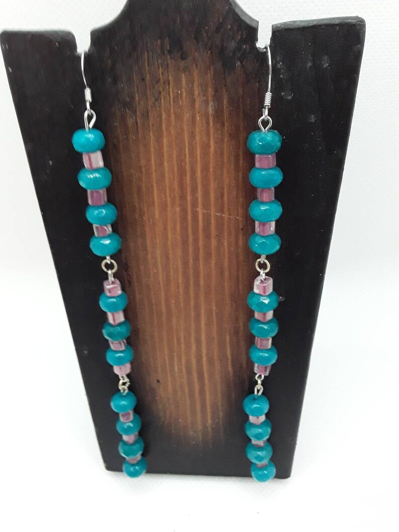 Blue and Pink Beaded Dangling Earrings Nickel Free Earrings Dangling Earrings Long Earrings Textured Earrings