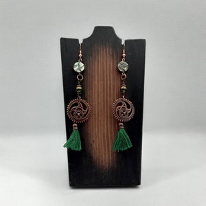 Copper Color Gear Earrings with Green Tassels, Steampunk Jewelry